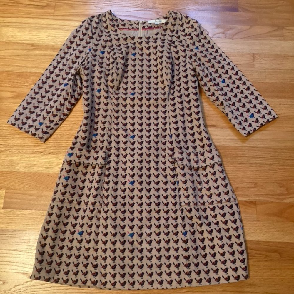 Boden tan/brown bird dress, size 12 (UK) and size 8 (US)